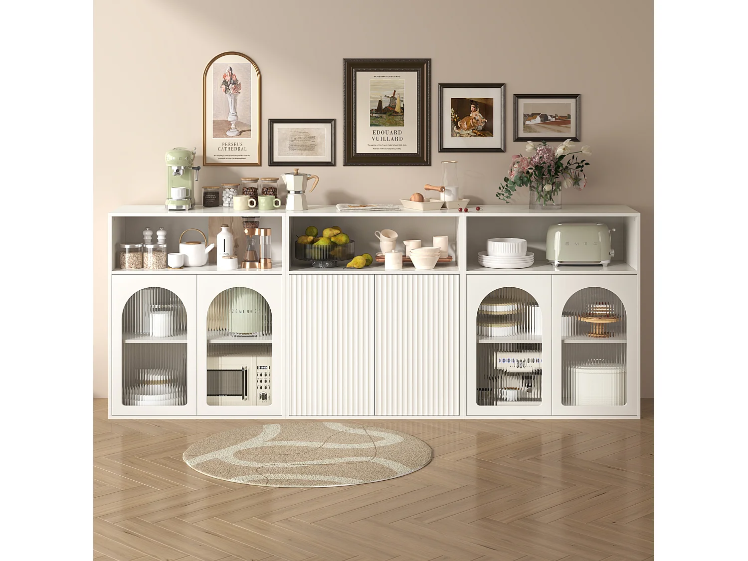 Aparador, Armário de arrumação com 6 portas - 210 x 35 x 90 cm - Madeira MDF, LED - para Cozinha, Sala - Branco