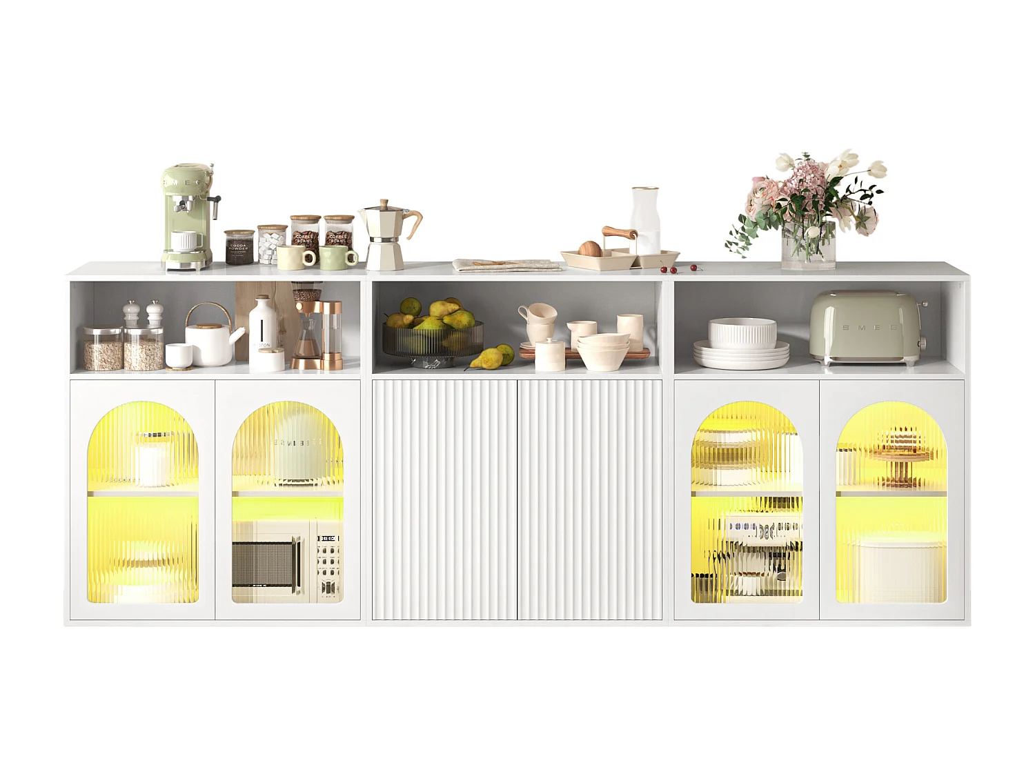 Aparador, Armário de arrumação com 6 portas - 210 x 35 x 90 cm - Madeira MDF, LED - para Cozinha, Sala - Branco