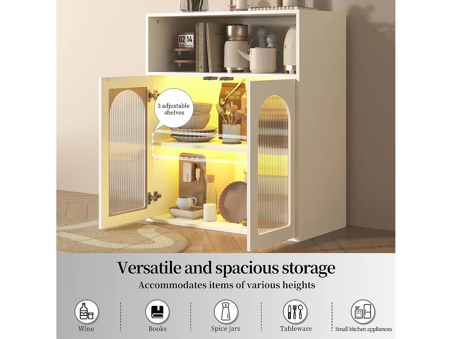 Aparador, Armário de arrumação com 6 portas - 210 x 35 x 90 cm - Madeira MDF, LED - para Cozinha, Sala - Branco