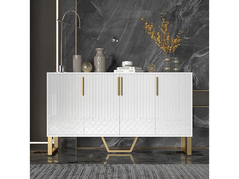 Aparador bajo con 4 puertas - 140 L x 40 D x 80 H cm - Madera MDF y patas de metal dorado - Blanco brillante