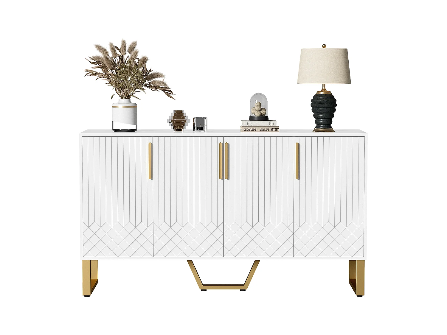 Laag dressoir met 4 deuren - 140 L x 40 D x 80 H cm - MDF hout en goudkleurige metalen poten - Glanzend wit