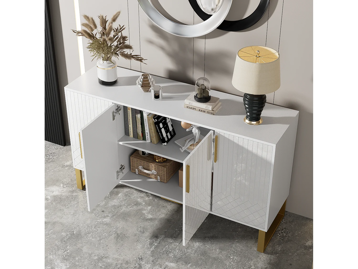 Credenza bassa con 4 ante - 140 L x 40 P x 80 H cm - Legno MDF e gambe in metallo dorato - Bianco lucido