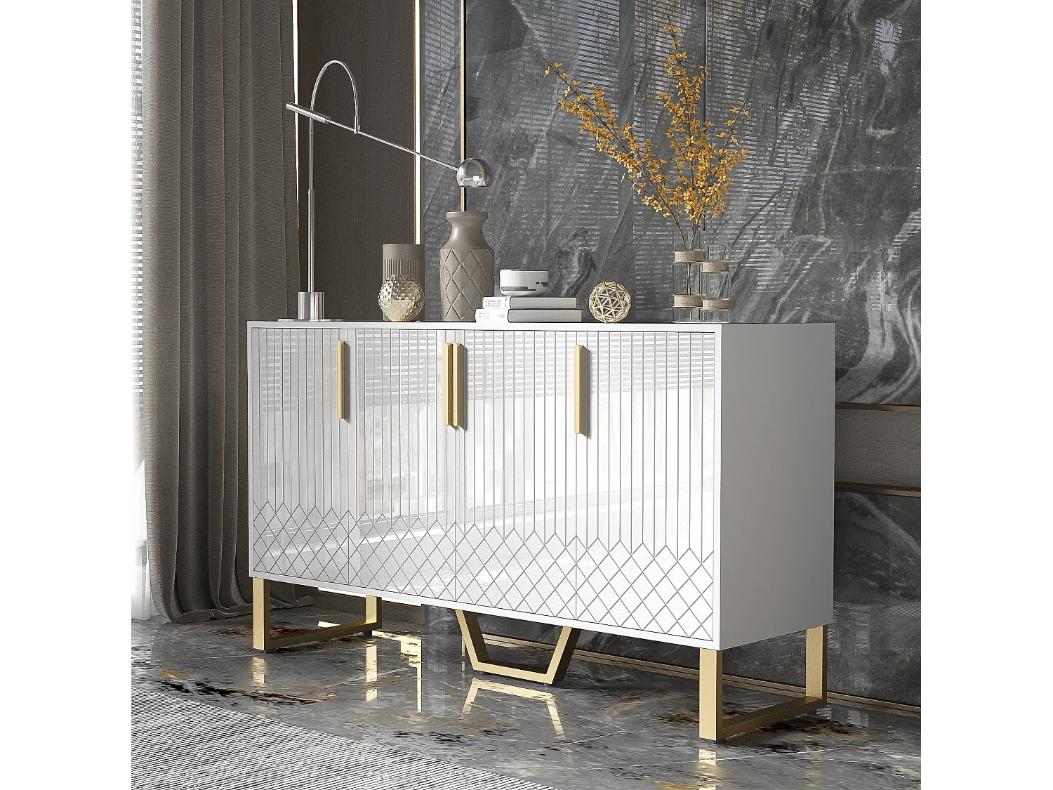 Credenza bassa con 4 ante - 140 L x 40 P x 80 H cm - Legno MDF e gambe in metallo dorato - Bianco lucido