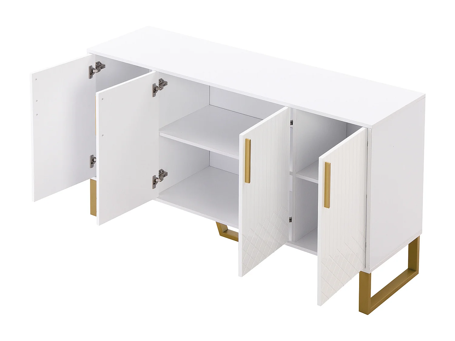 Credenza bassa con 4 ante - 140 L x 40 P x 80 H cm - Legno MDF e gambe in metallo dorato - Bianco lucido