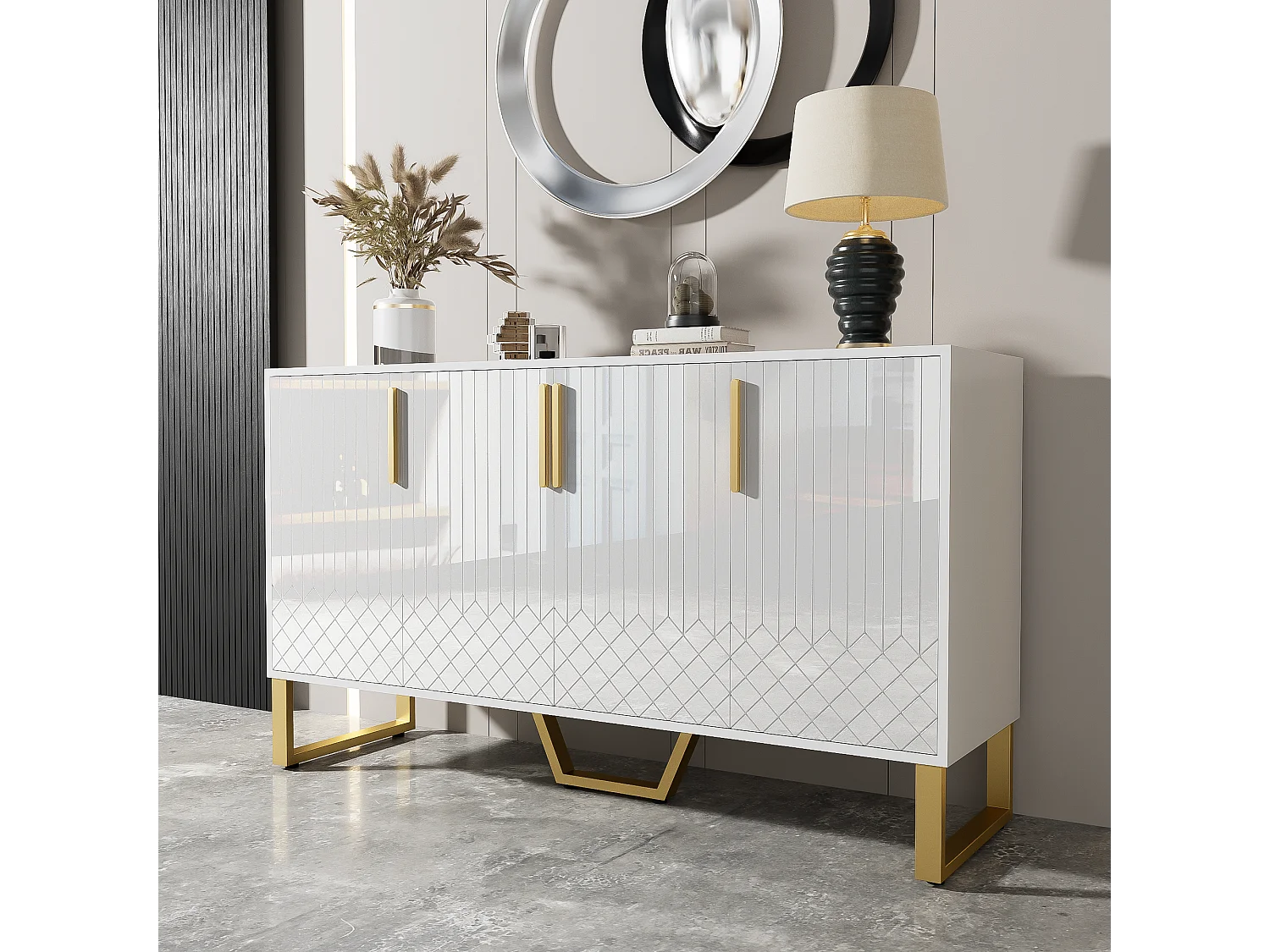 Buffet bas avec 4 portes - 140 L x 40 P x 80 H cm - Bois MDF et pièds en métal doré - Blanc brillant