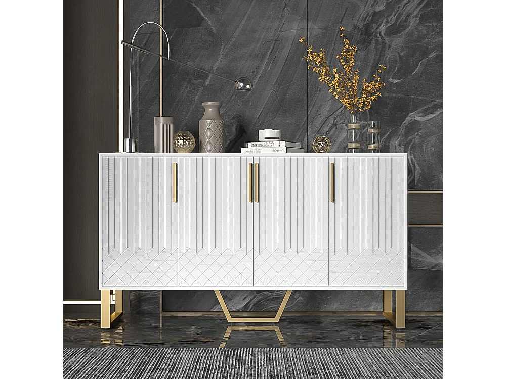 Buffet bas avec 4 portes - 140 L x 40 P x 80 H cm - Bois MDF et pièds en métal doré - Blanc brillant