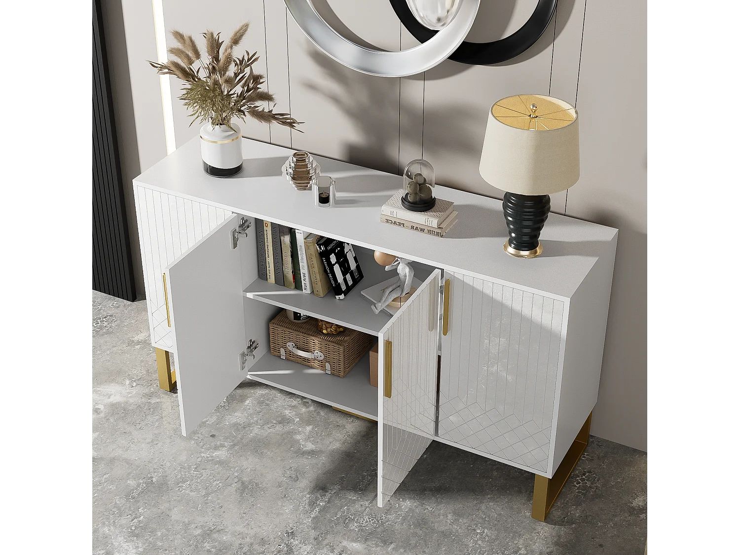 Buffet bas avec 4 portes - 140 L x 40 P x 80 H cm - Bois MDF et pièds en métal doré - Blanc brillant