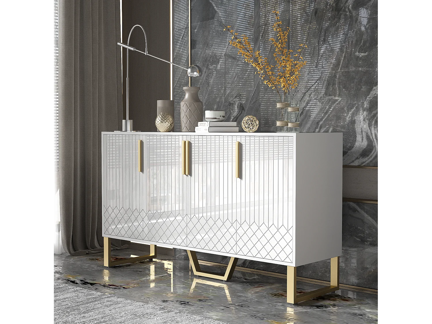 Buffet bas avec 4 portes - 140 L x 40 P x 80 H cm - Bois MDF et pièds en métal doré - Blanc brillant