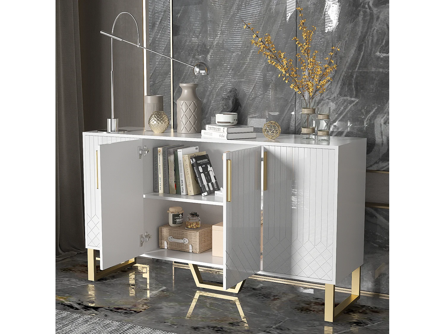 Buffet bas avec 4 portes - 140 L x 40 P x 80 H cm - Bois MDF et pièds en métal doré - Blanc brillant