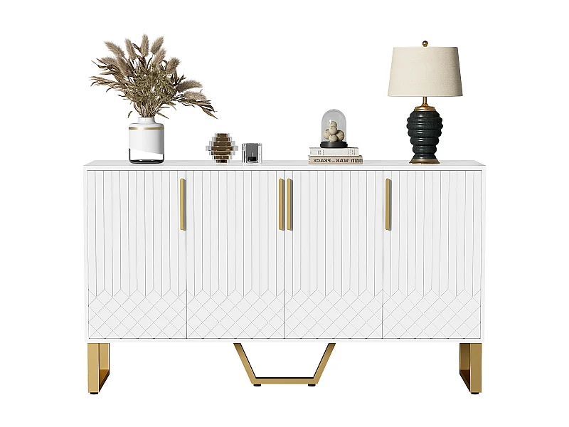 Niedriges Sideboard mit 4 Türen – 140 L x 40 T x 80 H cm – MDF-Holz und goldfarbene Metallbeine – Glänzendes Weiß