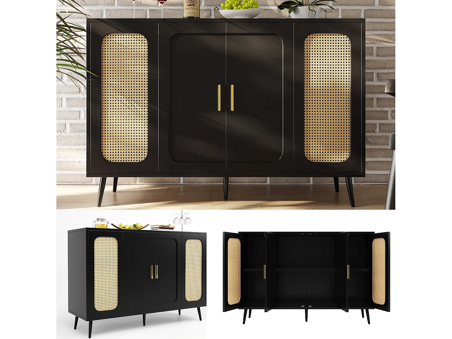 Buffet bas avec 4 portes - 120 x 35 x 89 cm - Bois MDF - Motif rotin - Noir