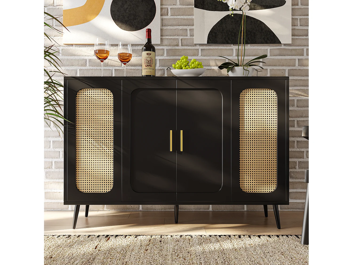 Buffet bas avec 4 portes - 120 x 35 x 89 cm - Bois MDF - Motif rotin - Noir