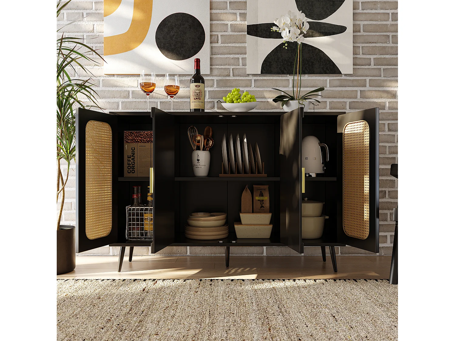 Buffet bas avec 4 portes - 120 x 35 x 89 cm - Bois MDF - Motif rotin - Noir