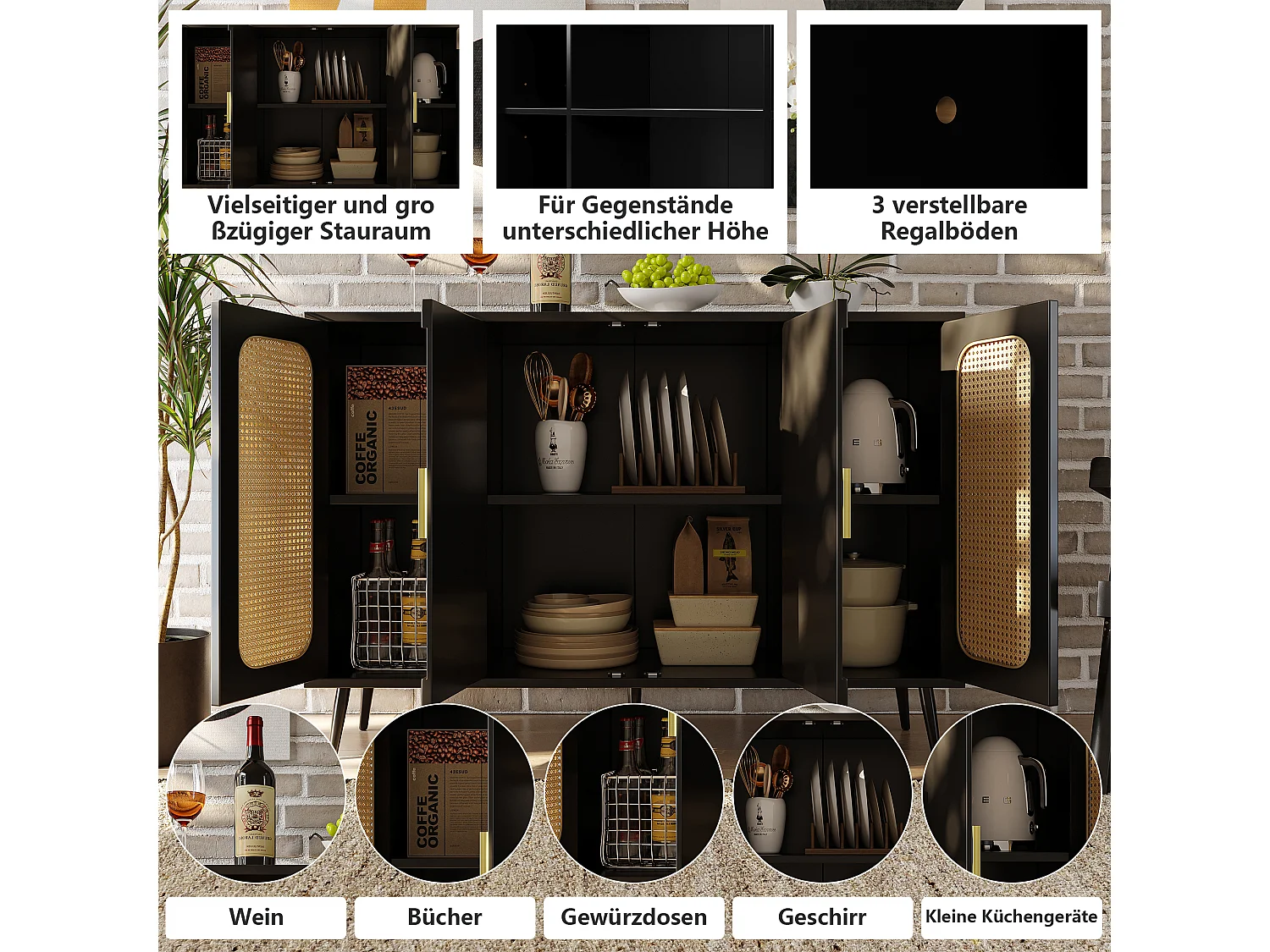 Buffet bas avec 4 portes - 120 x 35 x 89 cm - Bois MDF - Motif rotin - Noir