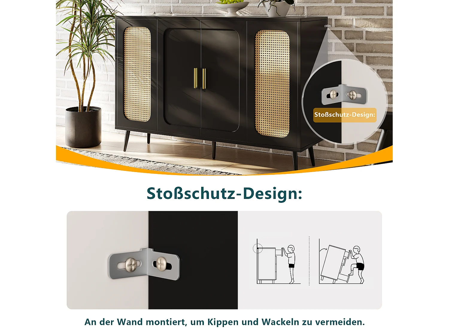 Buffet bas avec 4 portes - 120 x 35 x 89 cm - Bois MDF - Motif rotin - Noir