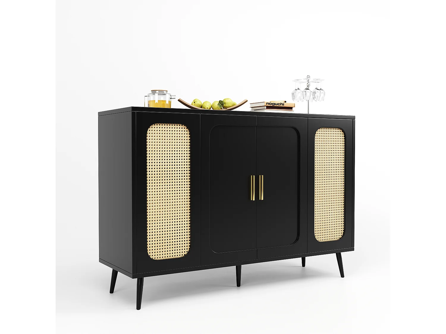 Buffet bas avec 4 portes - 120 x 35 x 89 cm - Bois MDF - Motif rotin - Noir