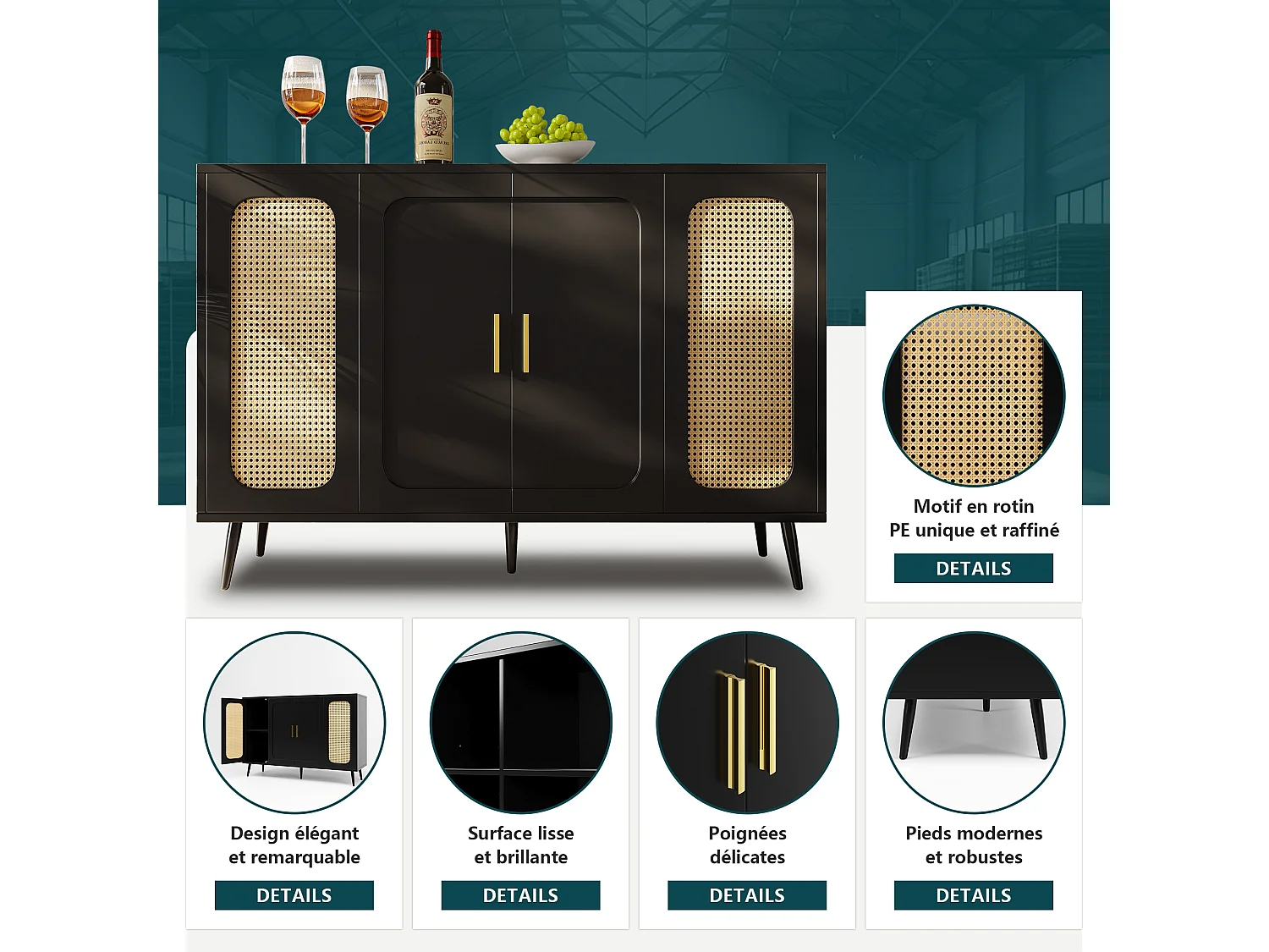 Buffet bas avec 4 portes - 120 x 35 x 89 cm - Bois MDF - Motif rotin - Noir