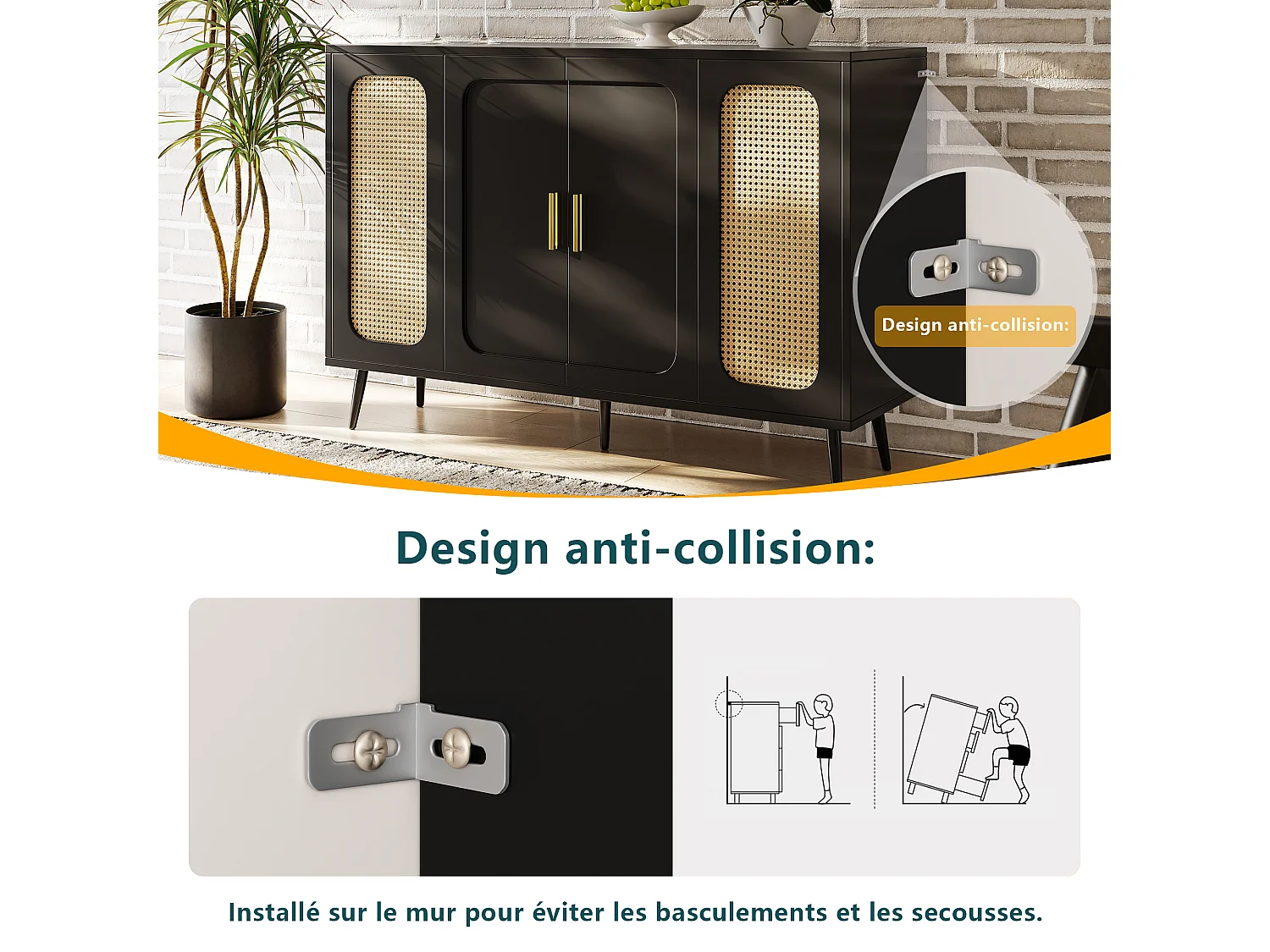 Buffet bas avec 4 portes - 120 x 35 x 89 cm - Bois MDF - Motif rotin - Noir