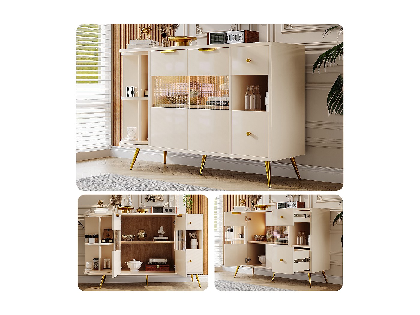 Buffet bas avec 2 portes, 2 tiroirs et compartiments ouverts ...