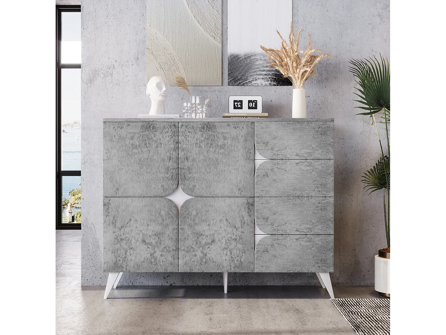 Buffet bas avec 2 portes et 4 tiroirs - 120 x 35.5 x 94 cm - Panneau de particules - Gris