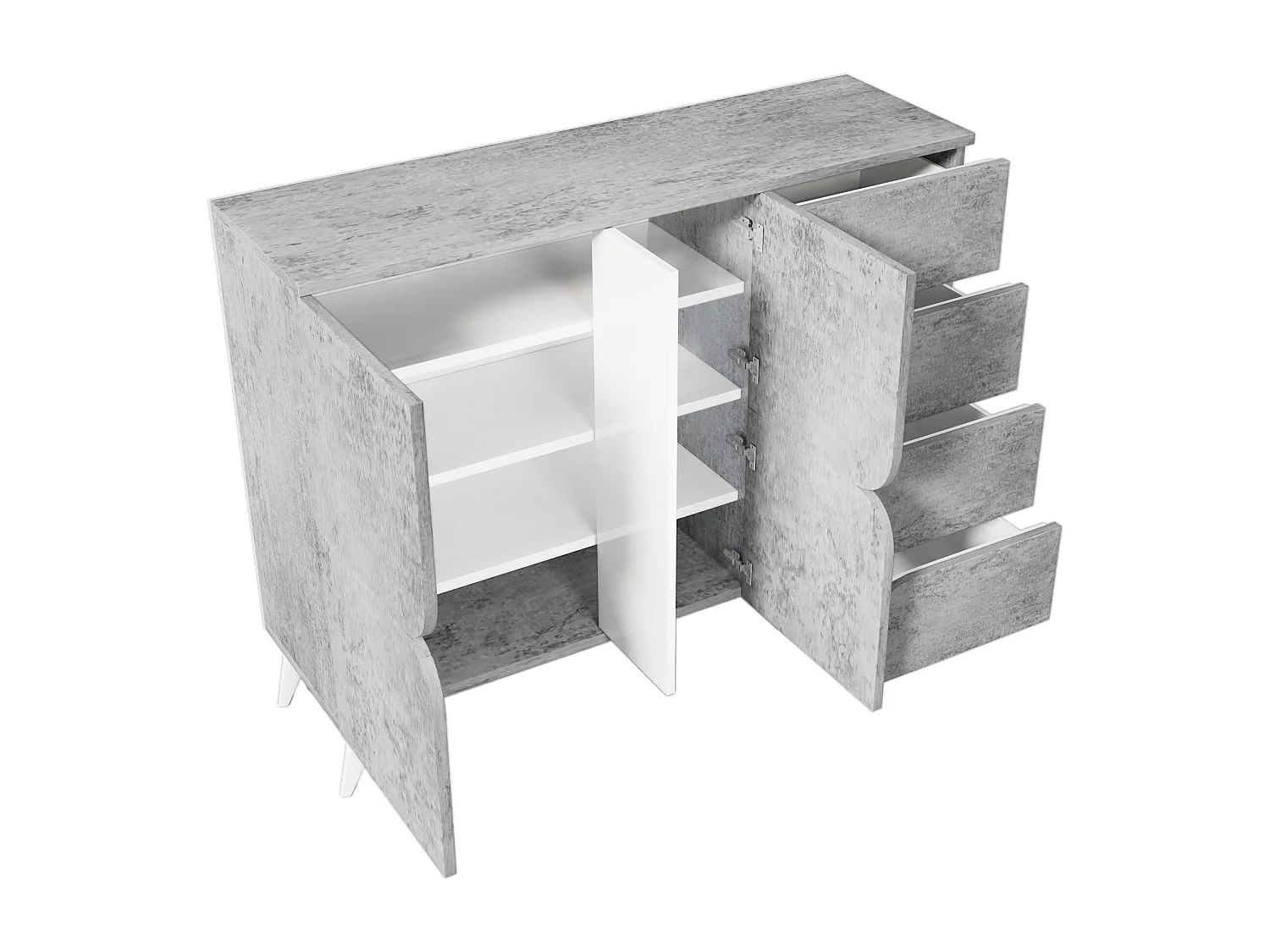 Buffet bas avec 2 portes et 4 tiroirs - 120 x 35.5 x 94 cm - Panneau de particules - Gris