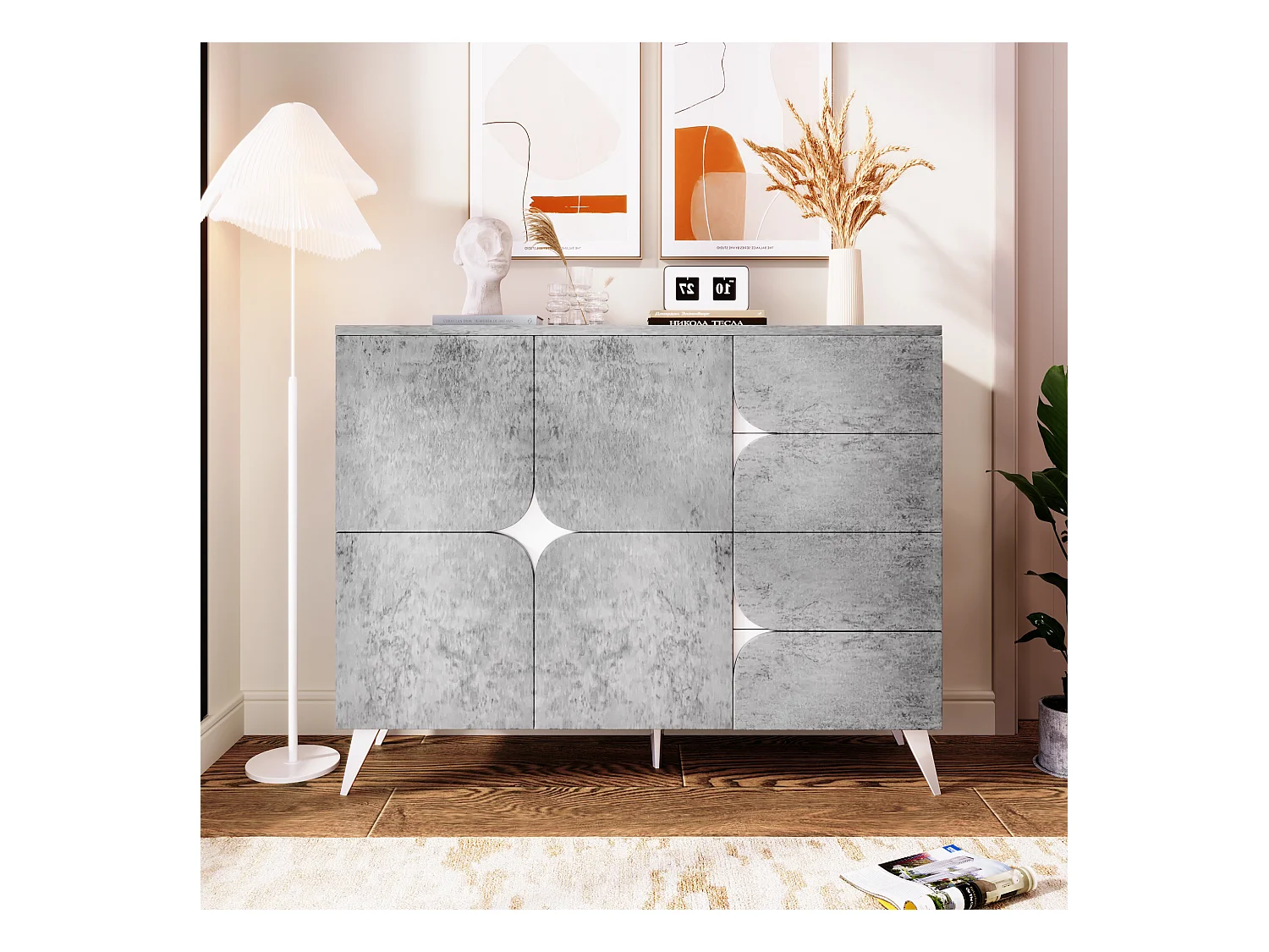 Niedriges Sideboard mit 2 Türen und 4 Schubladen – 120 x 35,5 x 94 cm – Spanplatte – Grau