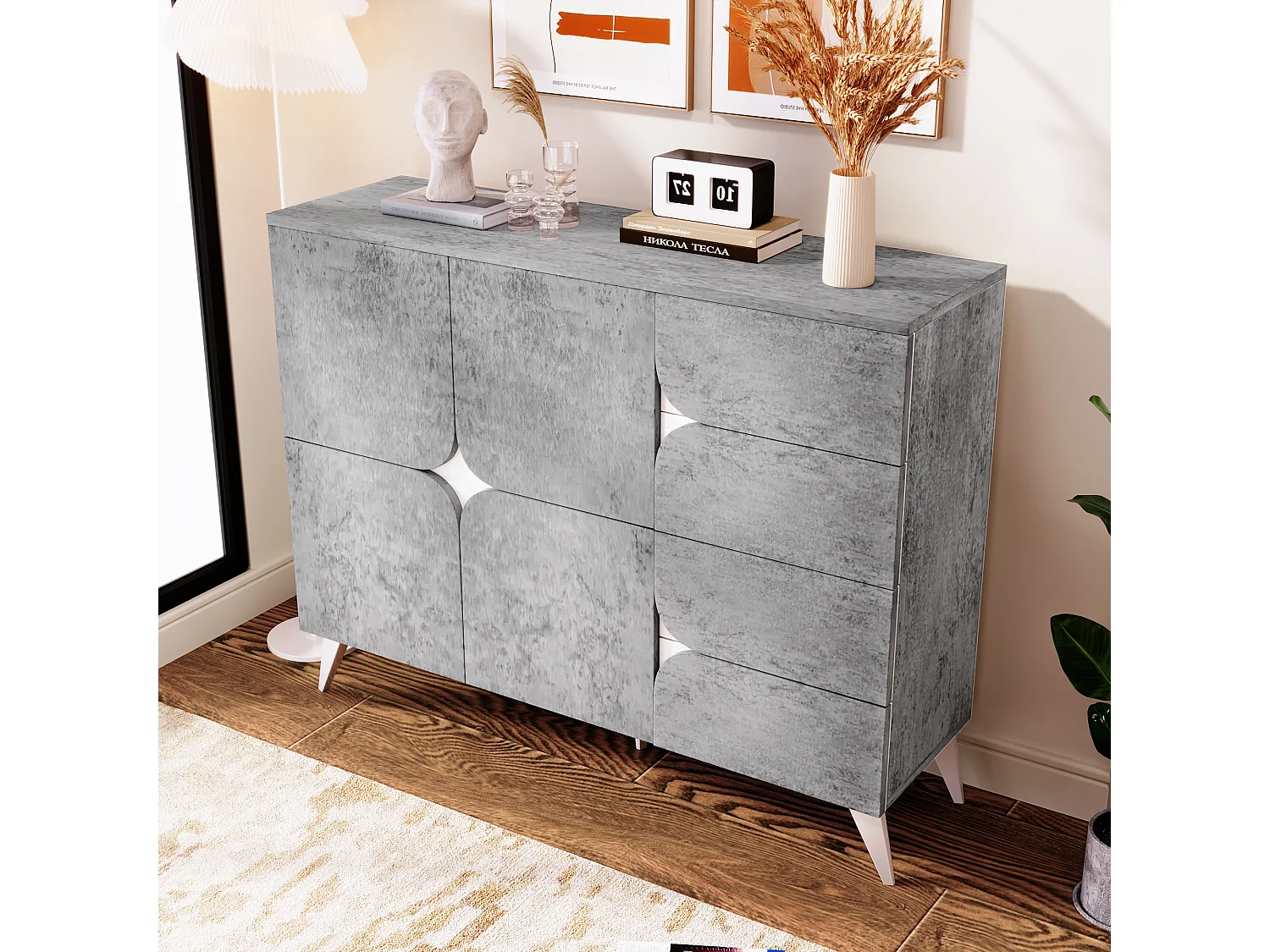 Buffet bas avec 2 portes et 4 tiroirs - 120 x 35.5 x 94 cm - Panneau de particules - Gris
