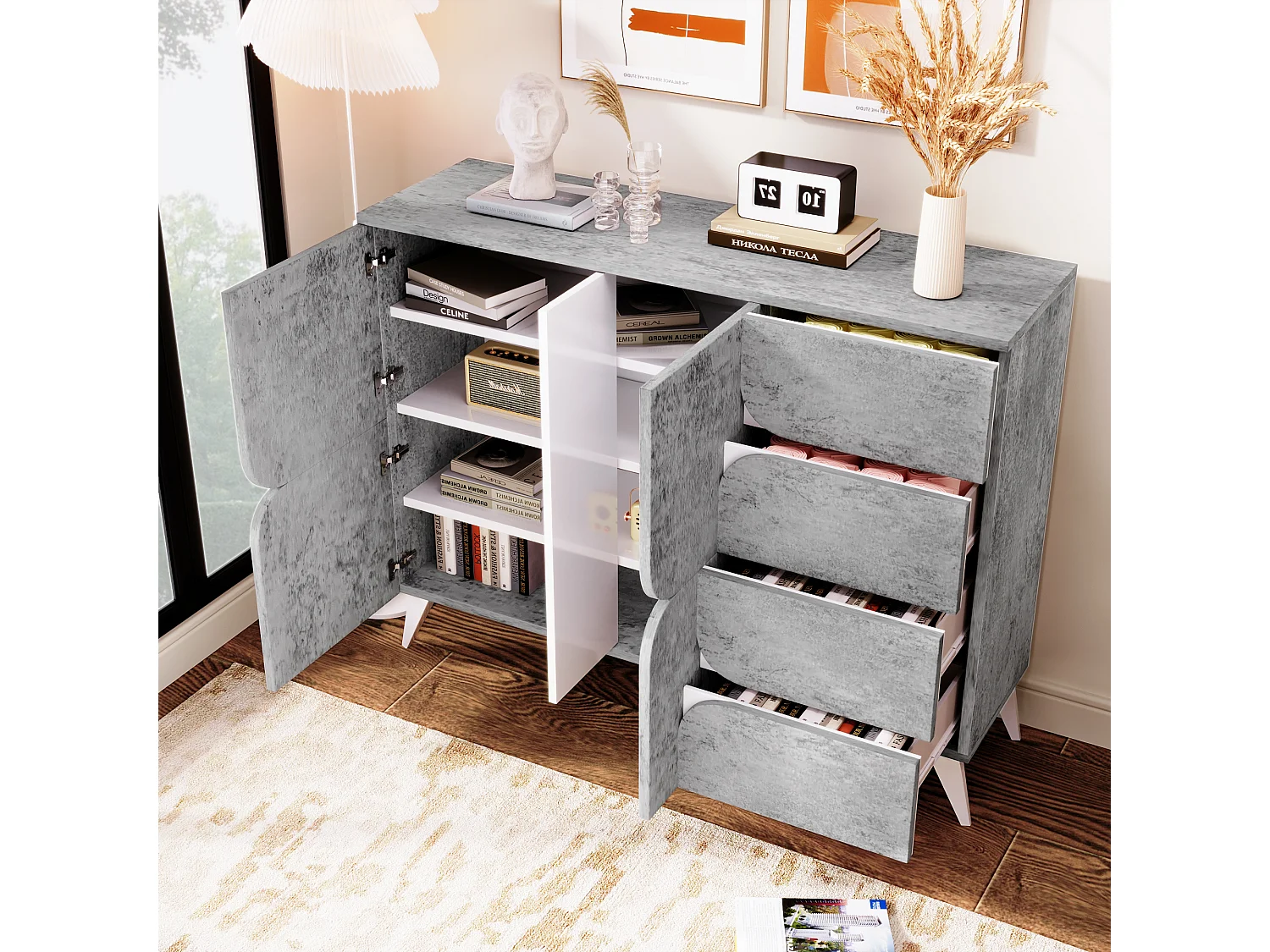 Buffet bas avec 2 portes et 4 tiroirs - 120 x 35.5 x 94 cm - Panneau de particules - Gris
