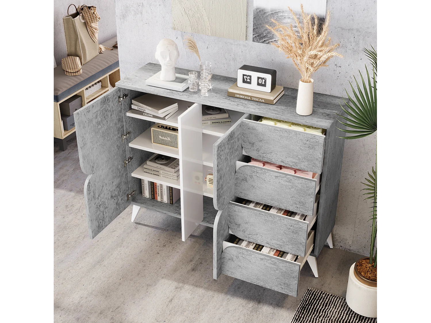Buffet bas avec 2 portes et 4 tiroirs - 120 x 35.5 x 94 cm - Panneau de particules - Gris