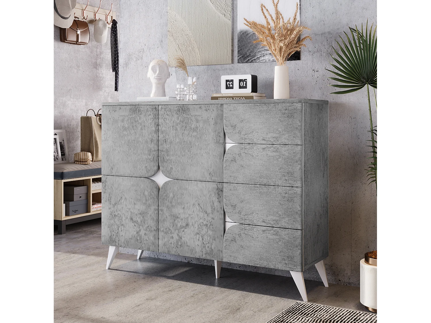 Buffet bas avec 2 portes et 4 tiroirs - 120 x 35.5 x 94 cm - Panneau de particules - Gris