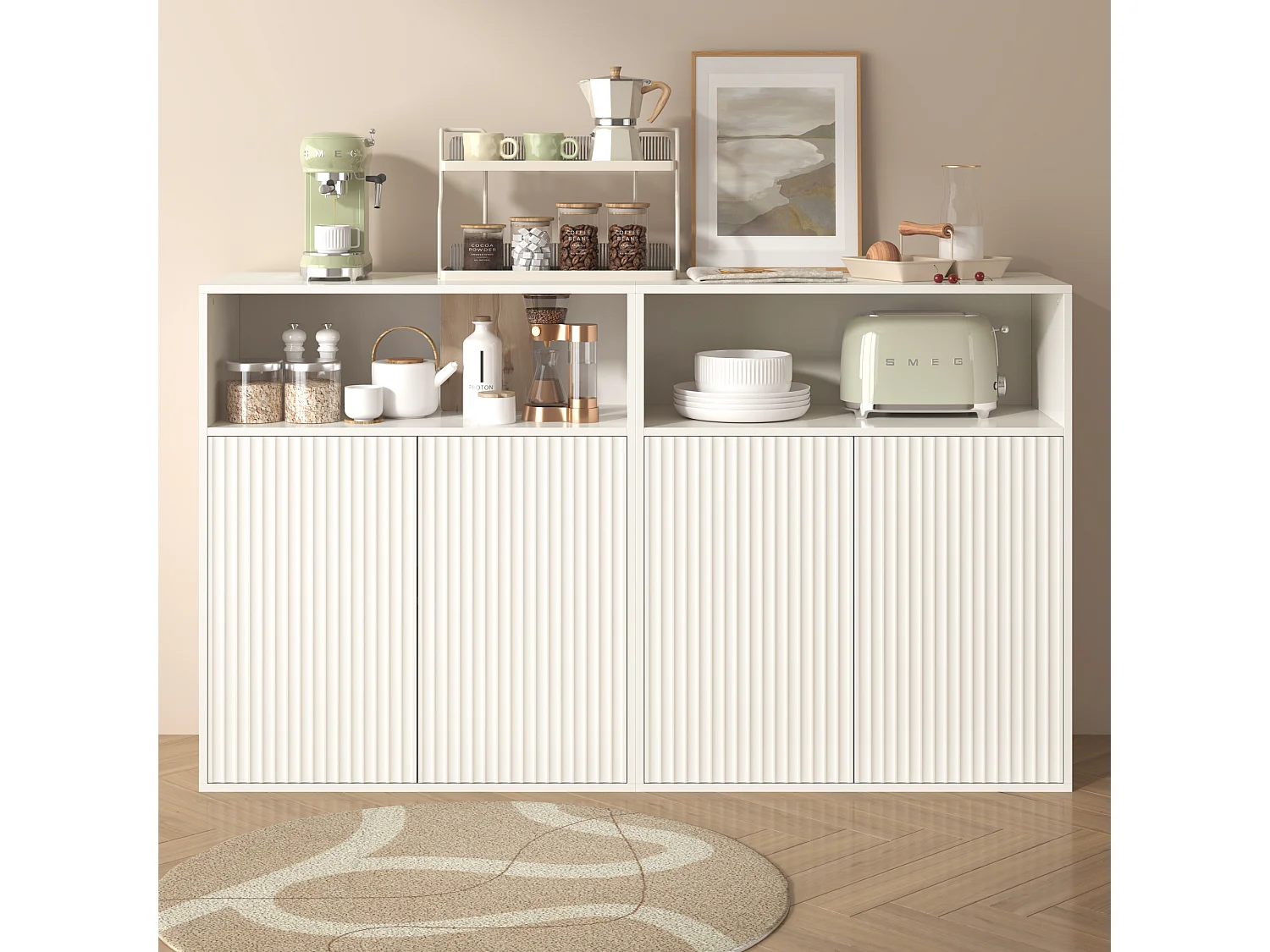Buffet avec 4 portes magnétiques et 2 niches - 140 x 35 x 90 cm - Bois MDF - Motif rayures verticales - pour salon, cuisine - Blanc