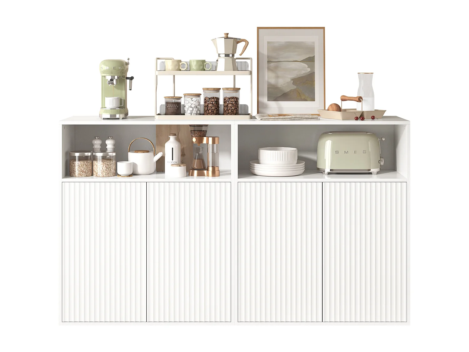 Buffet avec 4 portes magnétiques et 2 niches - 140 x 35 x 90 cm - Bois MDF - Motif rayures verticales - pour salon, cuisine - Blanc