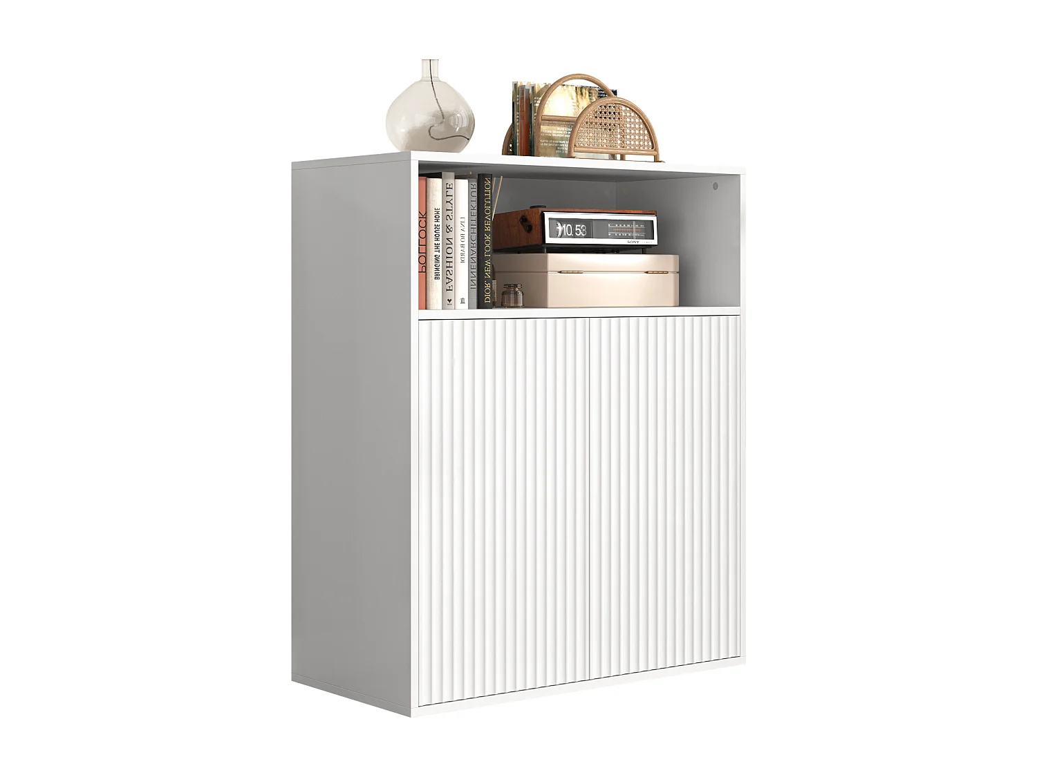 Buffet avec 4 portes magnétiques et 2 niches - 140 x 35 x 90 cm - Bois MDF - Motif rayures verticales - pour salon, cuisine - Blanc