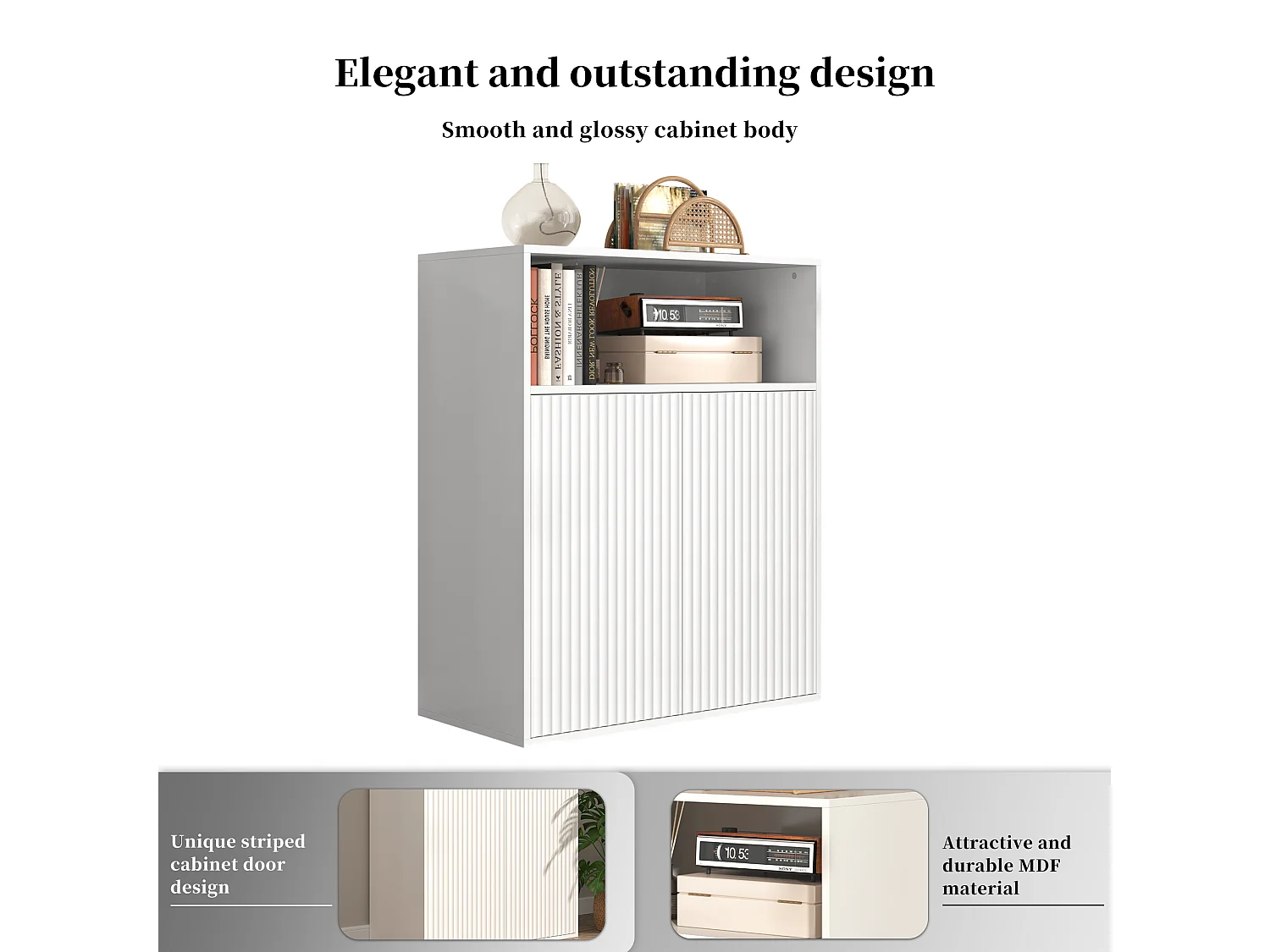 Buffet avec 4 portes magnétiques et 2 niches - 140 x 35 x 90 cm - Bois MDF - Motif rayures verticales - pour salon, cuisine - Blanc