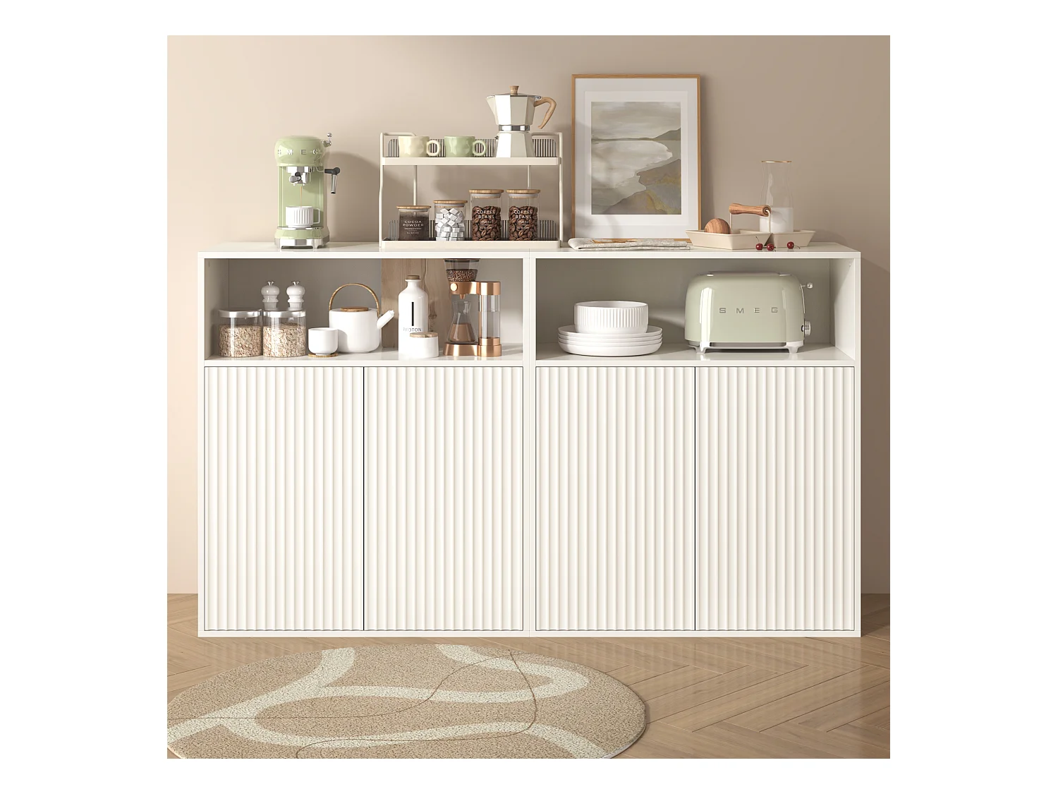 Dressoir met 4 magnetische deuren en 2 nissen - 140 x 35 x 90 cm - MDF hout - Verticaal gestreept patroon - voor woonkamer, keuken - Wit