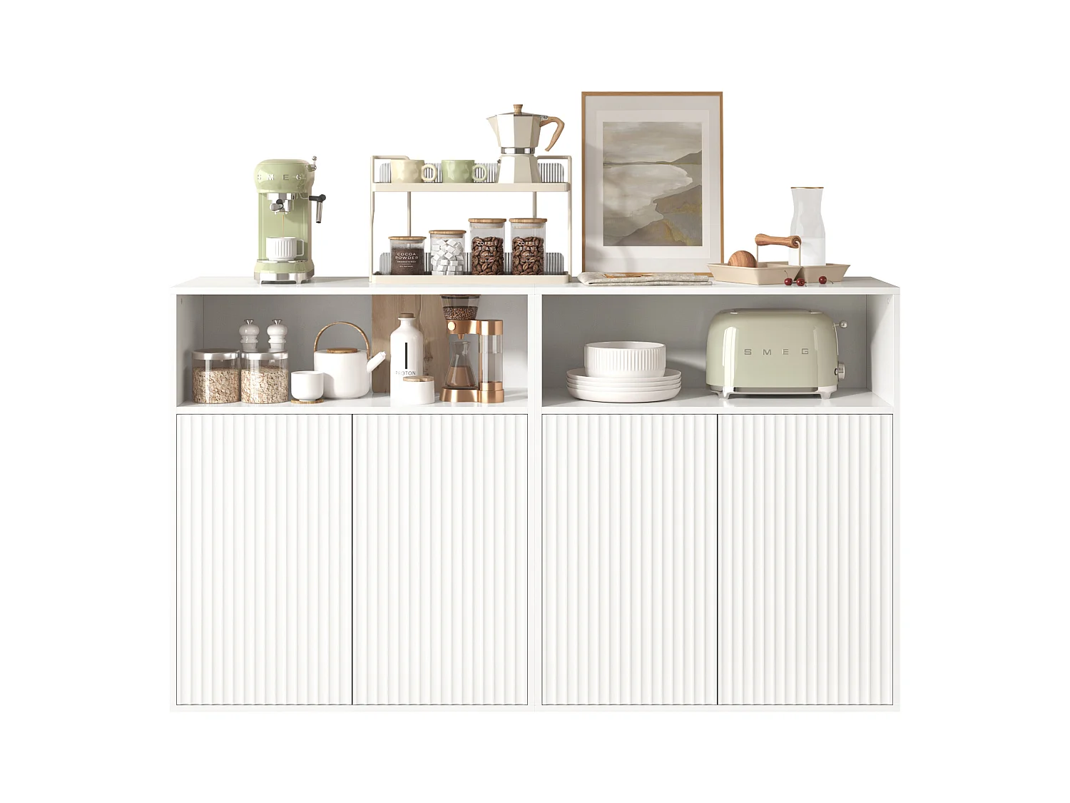 Buffet avec 4 portes magnétiques et 2 niches - 140 x 35 x 90 cm - Bois MDF - Motif rayures verticales - pour salon, cuisine - Blanc