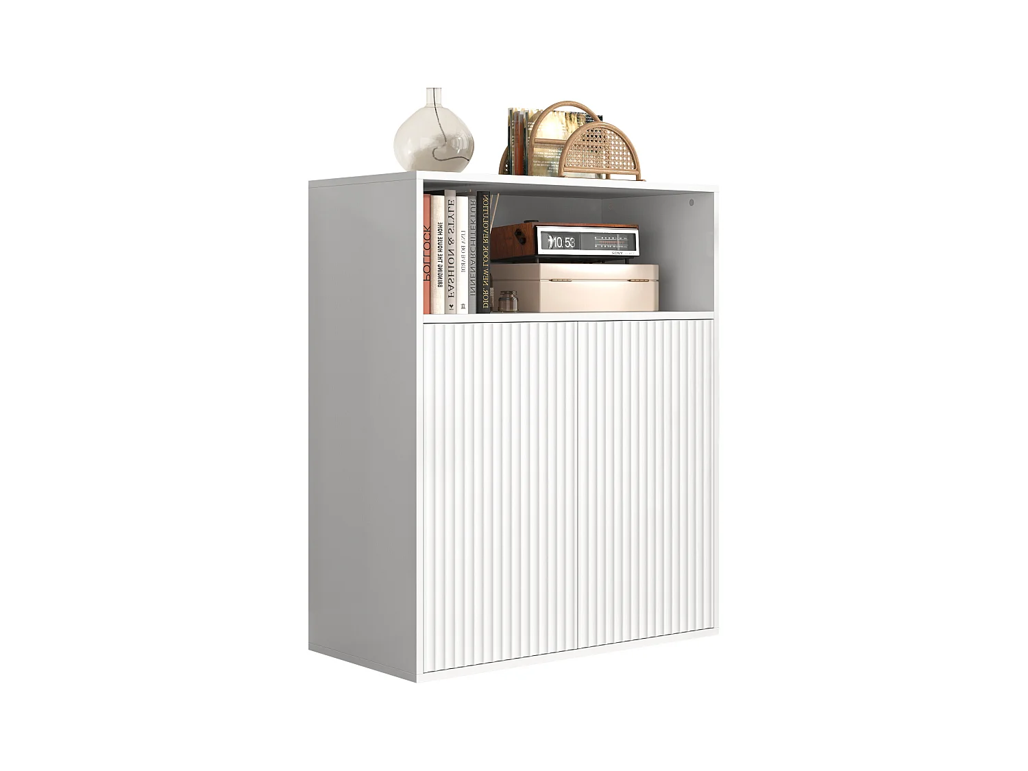 Buffet avec 4 portes magnétiques et 2 niches - 140 x 35 x 90 cm - Bois MDF - Motif rayures verticales - pour salon, cuisine - Blanc