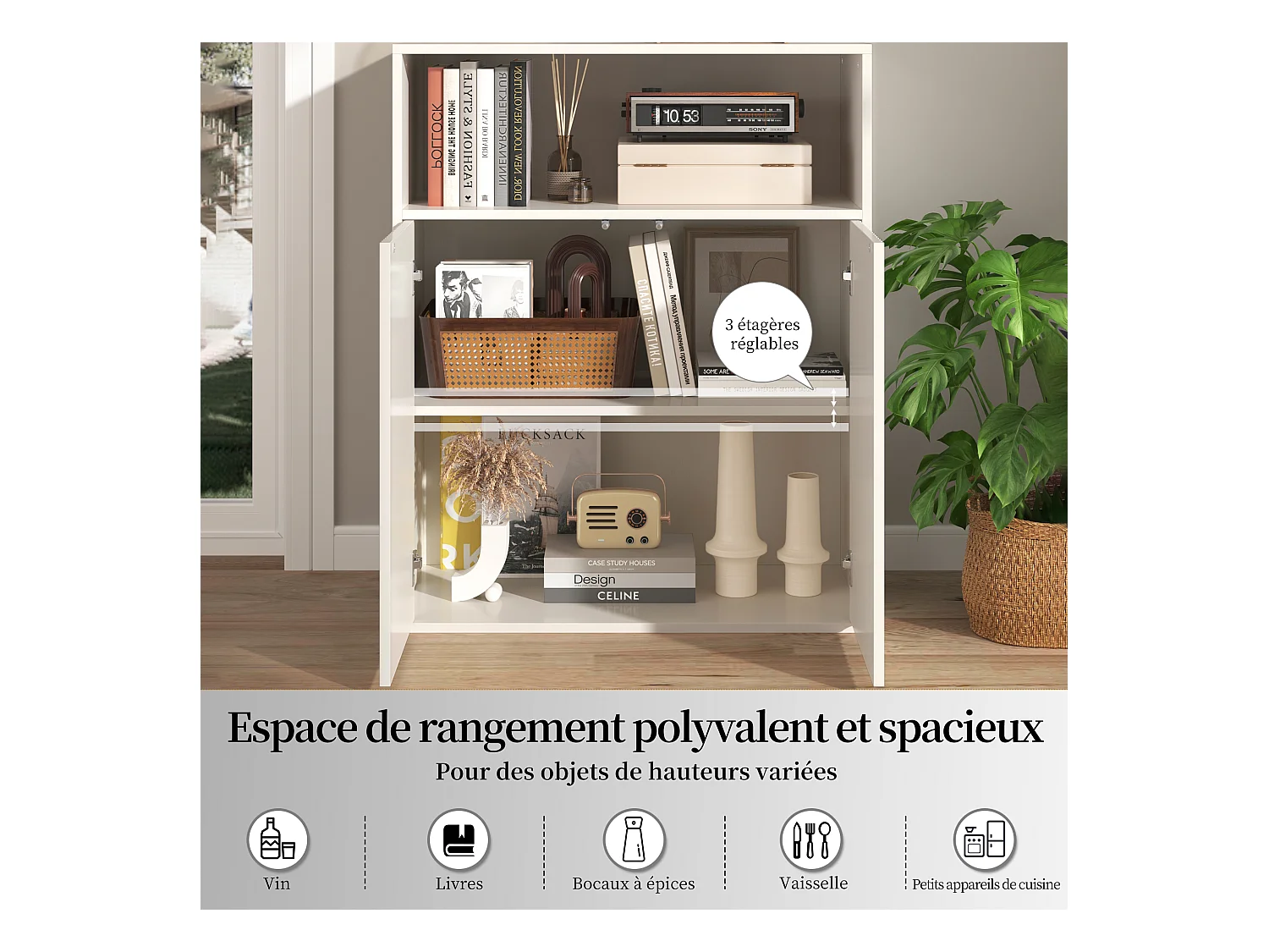 Buffet avec 4 portes magnétiques et 2 niches - 140 x 35 x 90 cm - Bois MDF - Motif rayures verticales - pour salon, cuisine - Blanc