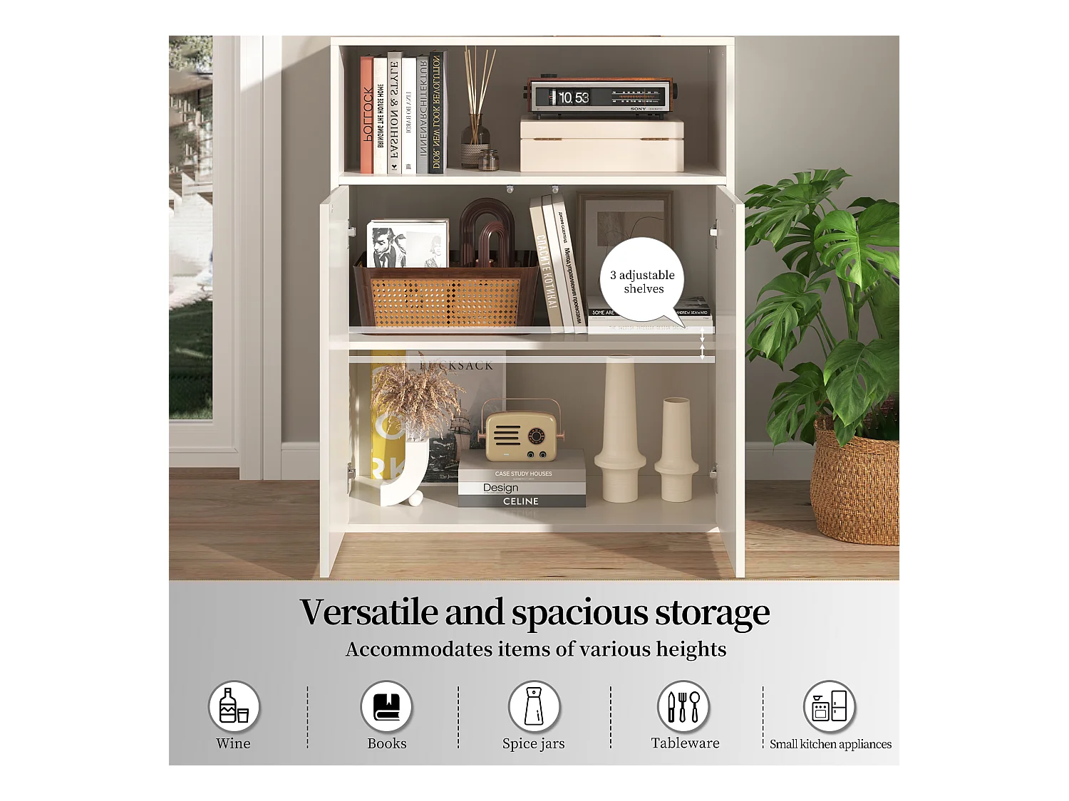 Buffet avec 4 portes magnétiques et 2 niches - 140 x 35 x 90 cm - Bois MDF - Motif rayures verticales - pour salon, cuisine - Blanc