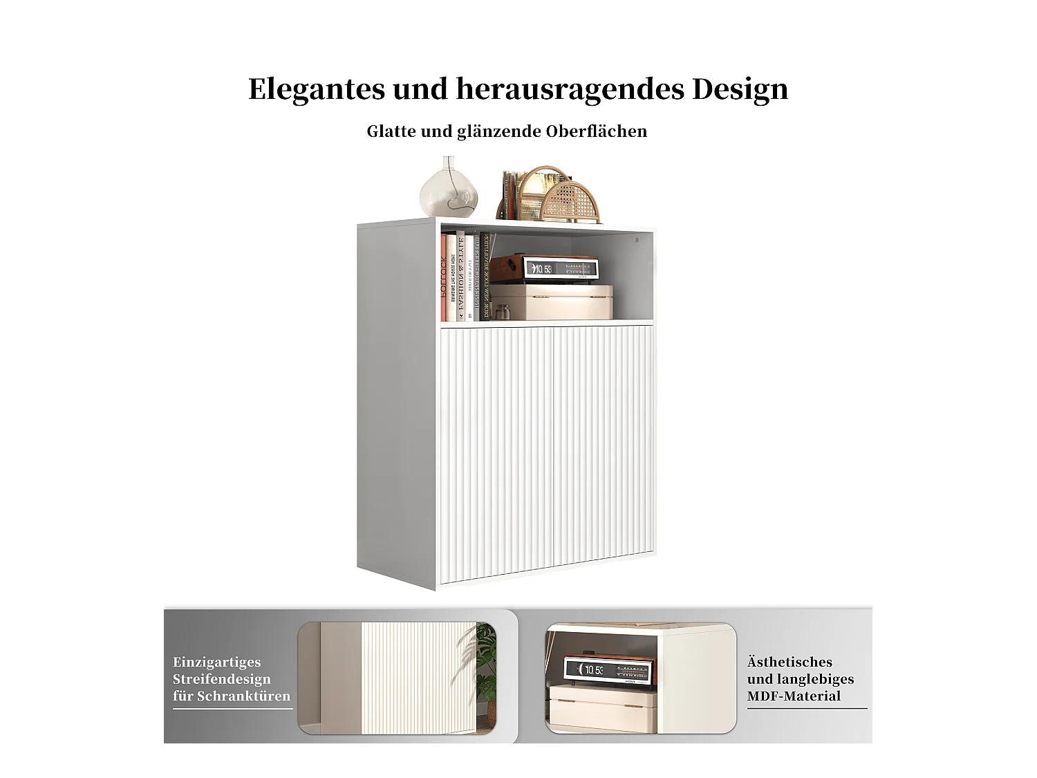 Buffet avec 4 portes magnétiques et 2 niches - 140 x 35 x 90 cm - Bois MDF - Motif rayures verticales - pour salon, cuisine - Blanc
