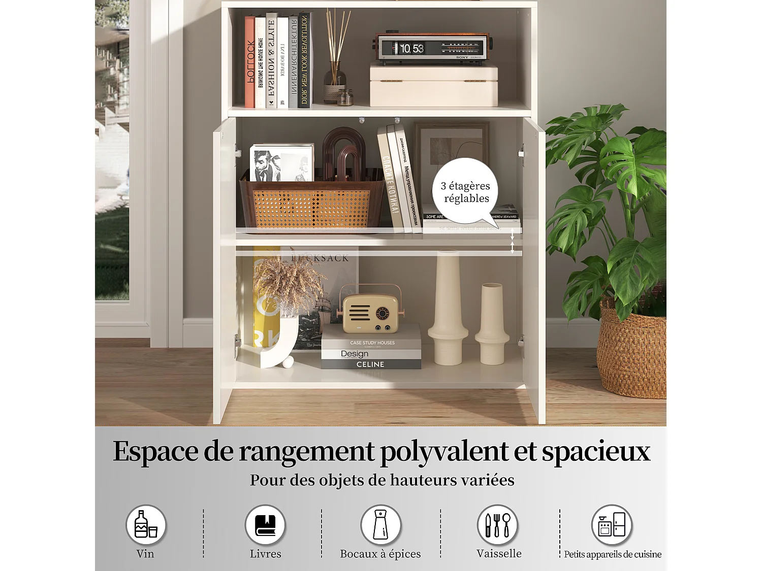 Buffet avec 4 portes magnétiques et 2 niches - 140 x 35 x 90 cm - Bois MDF - Motif rayures verticales - pour salon, cuisine - Blanc