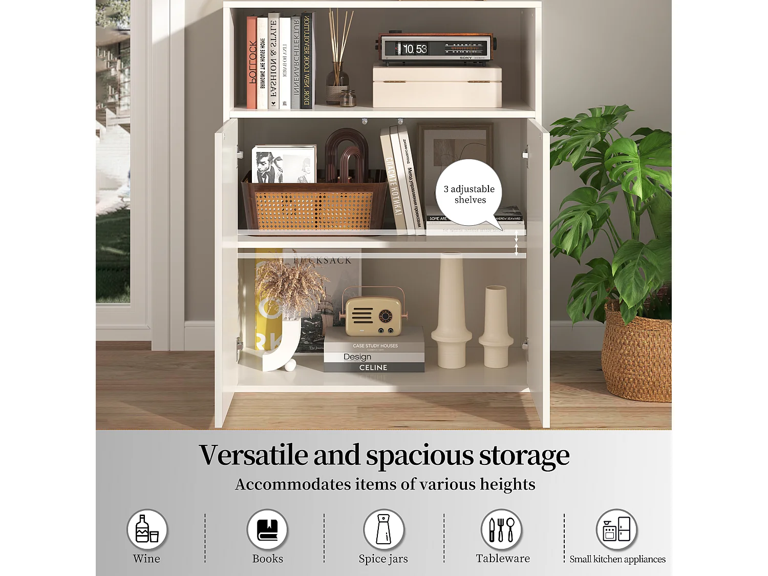 Buffet avec 4 portes magnétiques et 2 niches - 140 x 35 x 90 cm - Bois MDF - Motif rayures verticales - pour salon, cuisine - Blanc