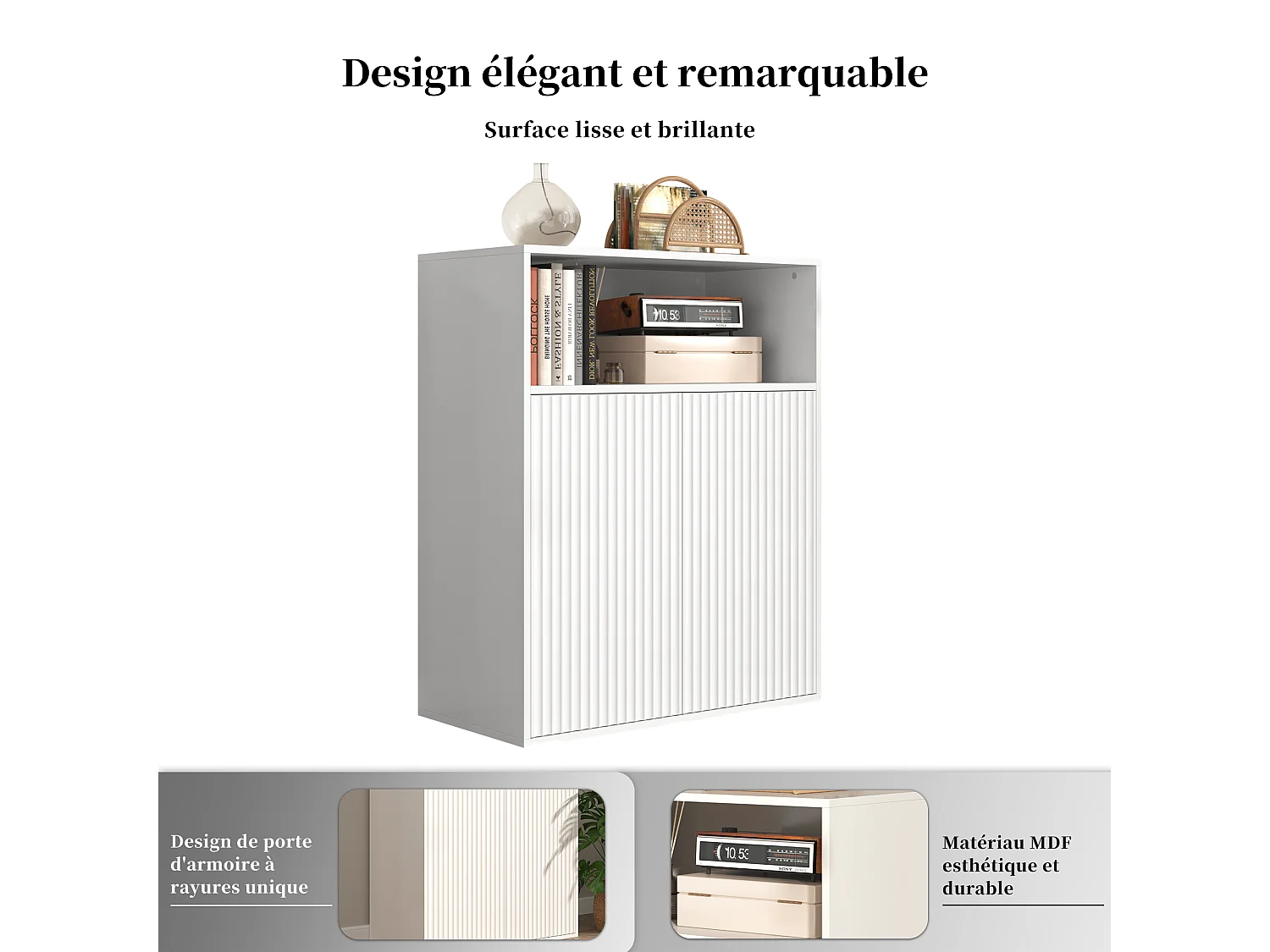 Buffet avec 4 portes magnétiques et 2 niches - 140 x 35 x 90 cm - Bois MDF - Motif rayures verticales - pour salon, cuisine - Blanc