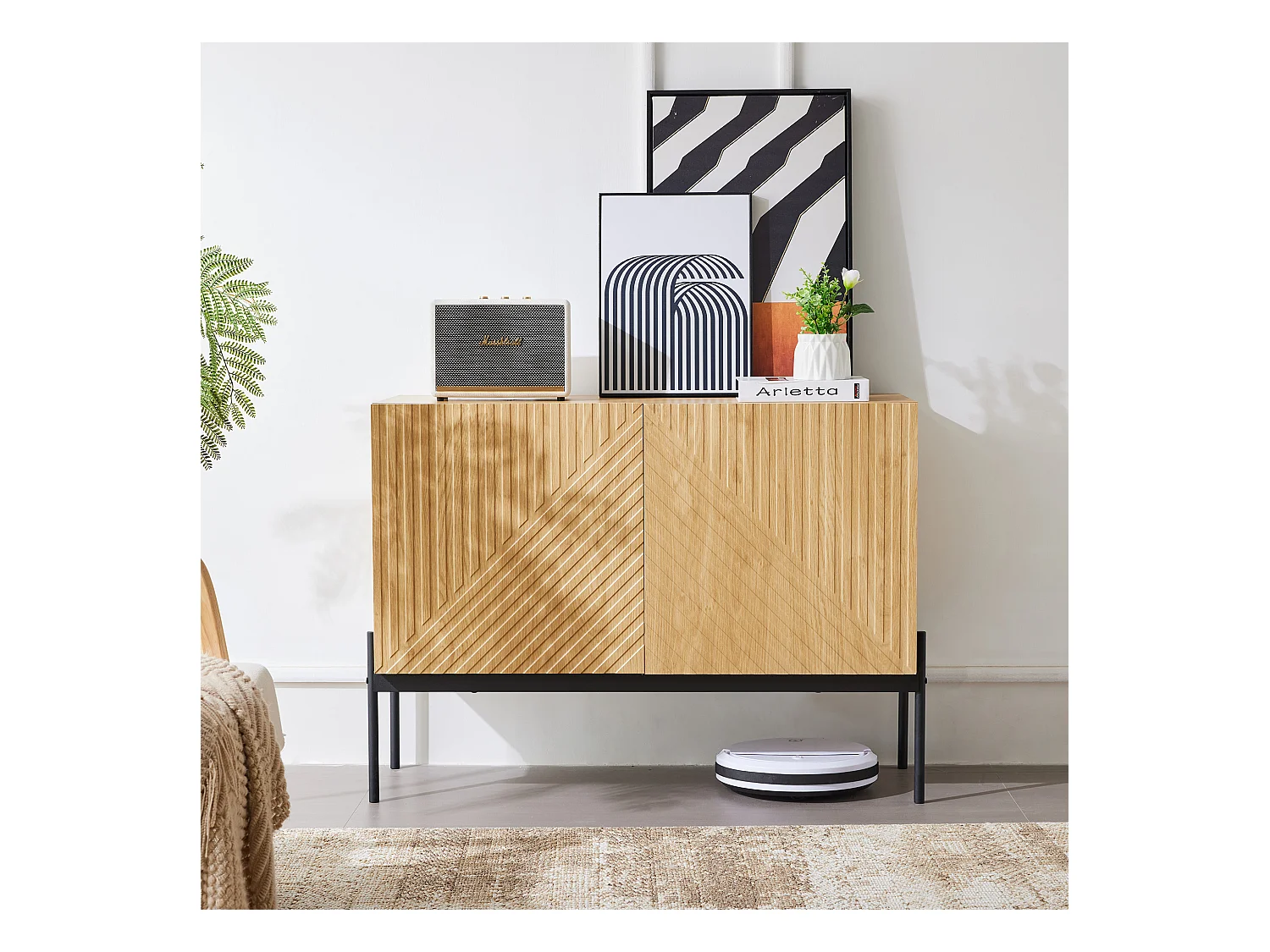 Buffet avec 2 portes et pieds en métal, commode au design linéaire, panneaux de particules, naturel, H 75 cm / L 100 cm / P 40 cm