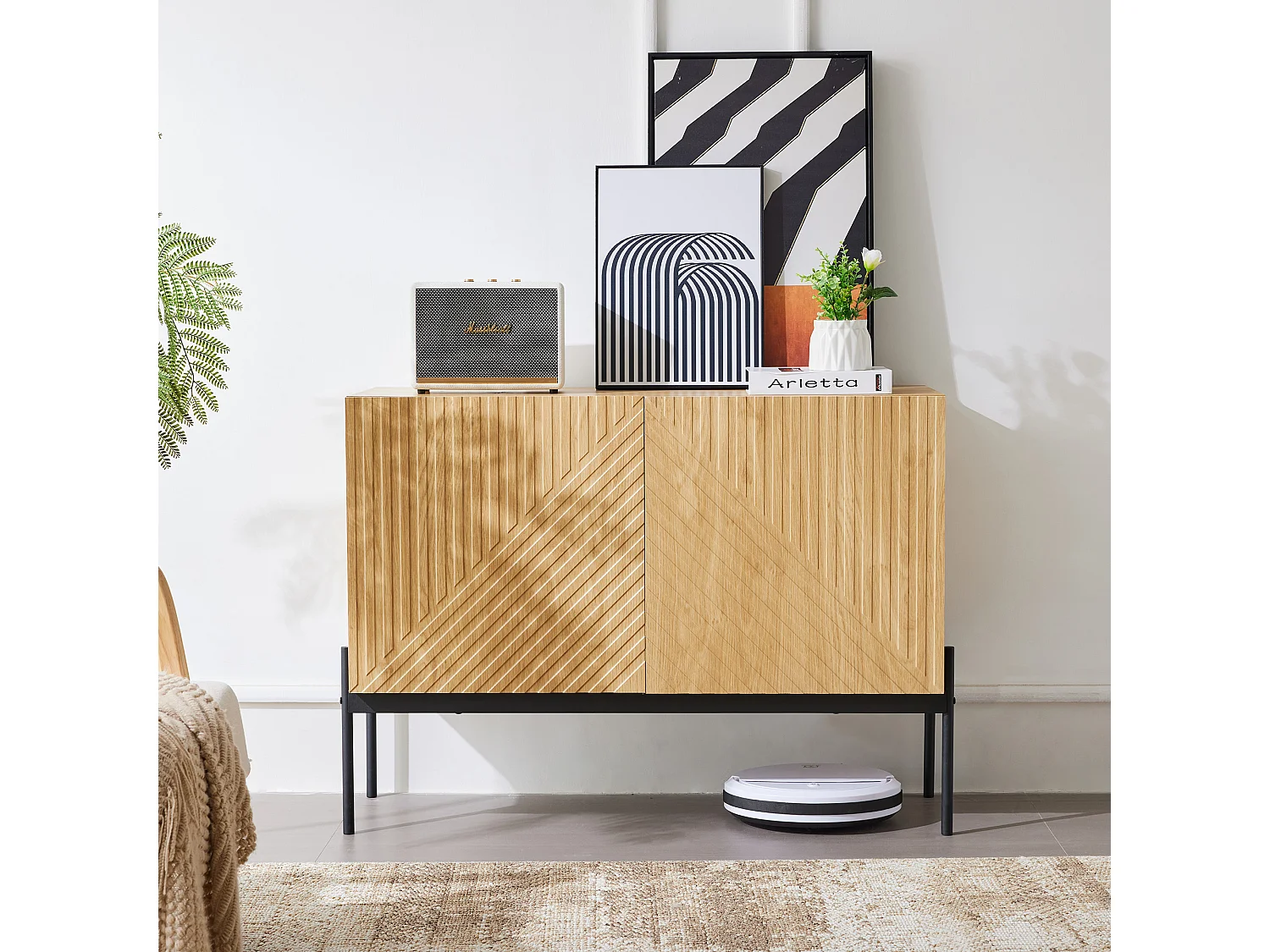 Buffet avec 2 portes et pieds en métal, commode au design linéaire, panneaux de particules, naturel, H 75 cm / L 100 cm / P 40 cm