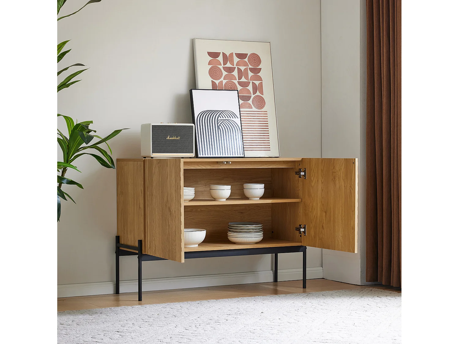 Buffet avec 2 portes et pieds en métal, commode au design linéaire, panneaux de particules, naturel, H 75 cm / L 100 cm / P 40 cm