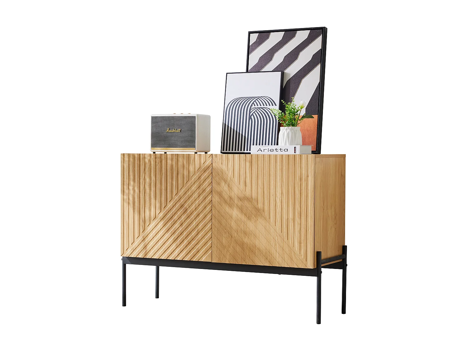 Buffet avec 2 portes et pieds en métal, commode au design linéaire, panneaux de particules, naturel, H 75 cm / L 100 cm / P 40 cm