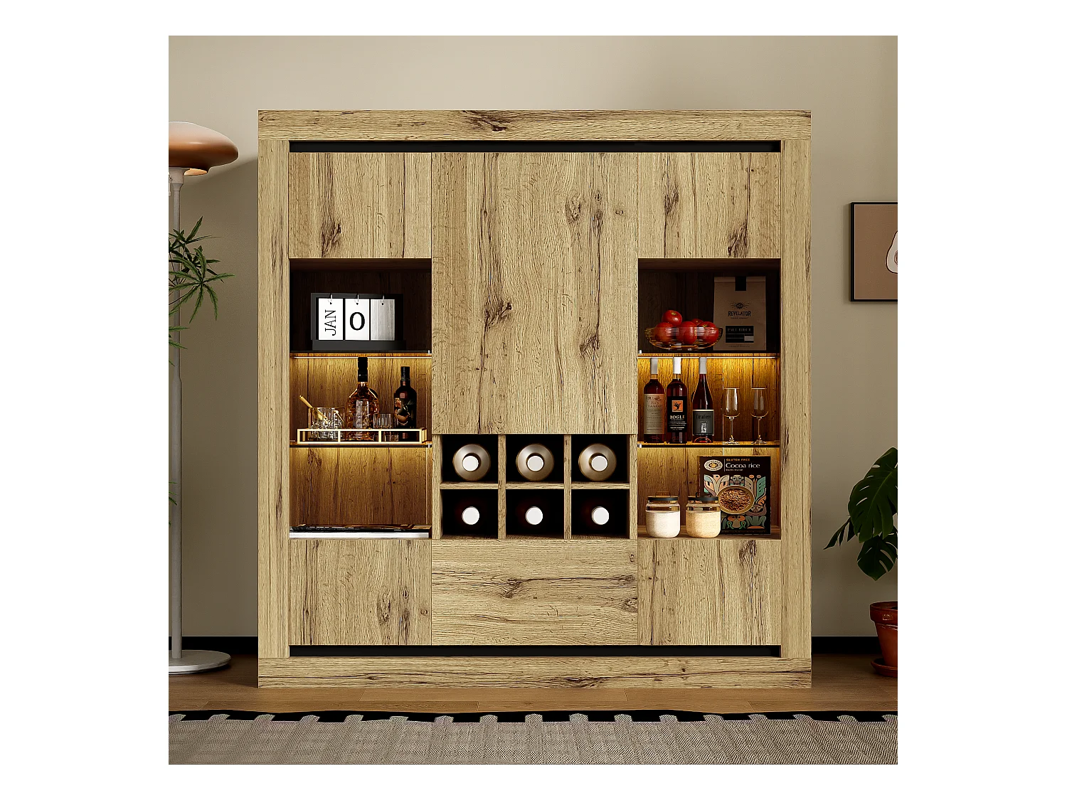 Buffet avec 5 portes, 1 tiroir et casier à vin pour 6 bouteuilles - 110 x 38 x 115 cm - étagères en verre et bois aggloméré - LED - naturel
