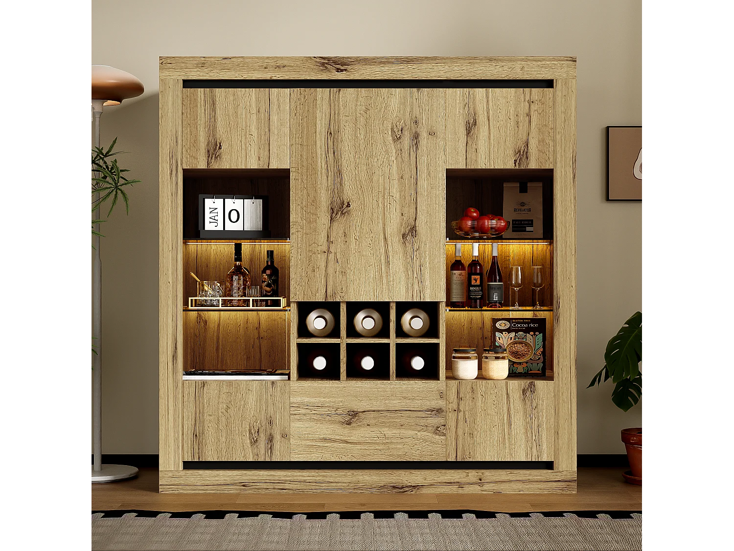 Buffet avec 5 portes, 1 tiroir et casier à vin pour 6 bouteuilles - 110 x 38 x 115 cm - étagères en verre et bois aggloméré - LED - naturel