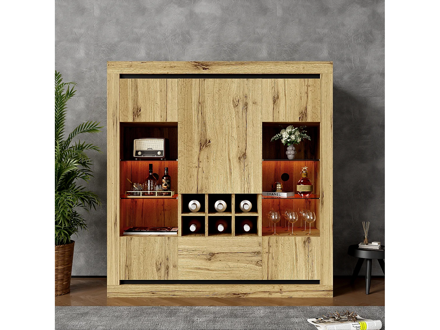 Buffet avec 5 portes, 1 tiroir et casier à vin pour 6 bouteuilles - 110 x 38 x 115 cm - étagères en verre et bois aggloméré - LED - naturel